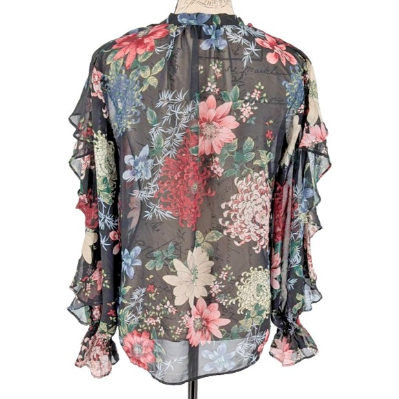 VICTORIAN Dark Fairy Blouse Top MEDIUM Black Floral Button Up Ruffles Excellent - Picture 4 of 14